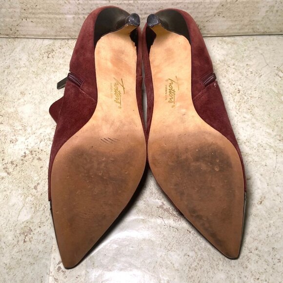 Burgundy Suede Pointed Toe Booties Black Patent Leather Tips Heels Office Casual - Picture 7 of 10